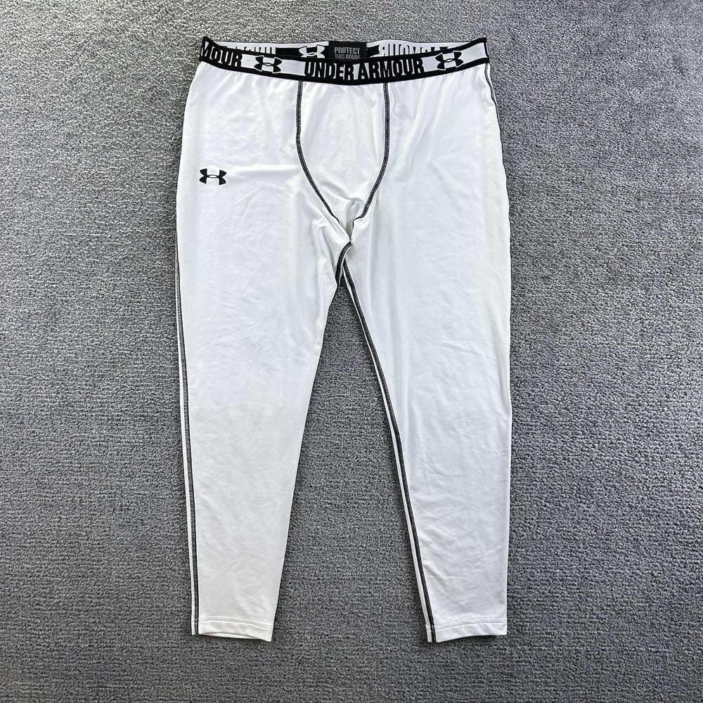 Under Armour Mens HeatGear Compression Leggings White Black 2XL Athletic Tights